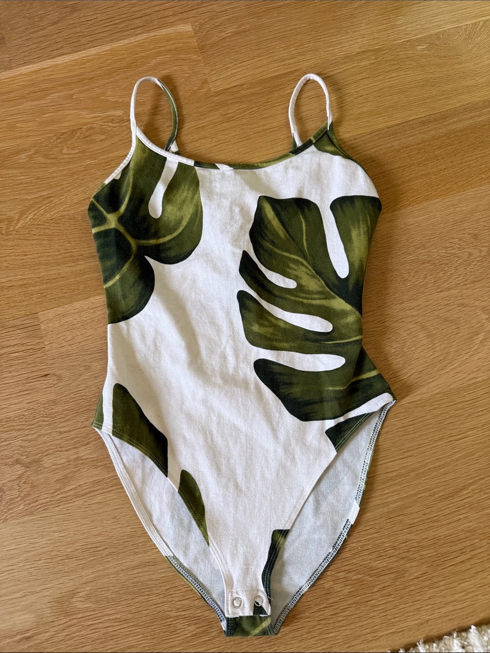 Forever 21 White Bodysuit with Olive Green Leaf Print